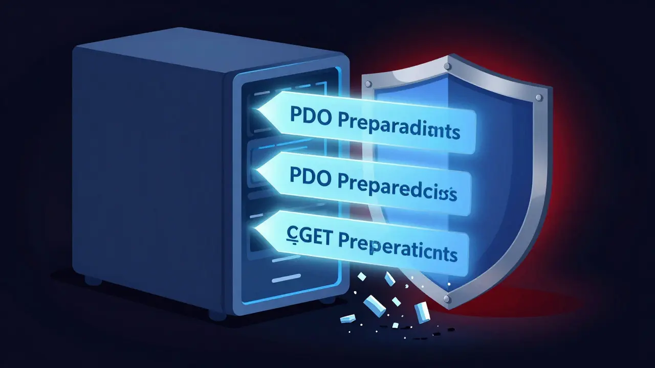 Shield blocking SQL injection attacks using prepared statements.