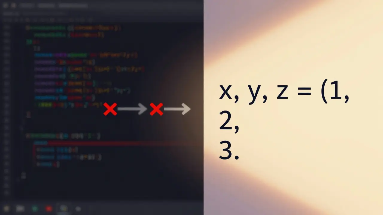 Split-screen comparison of inefficient loop vs clean variable unpacking in Python.