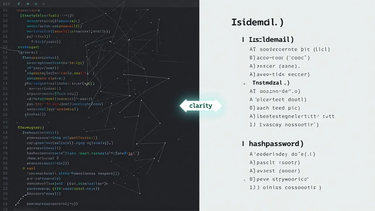 Split-screen comparison of messy code versus clean, modular functions