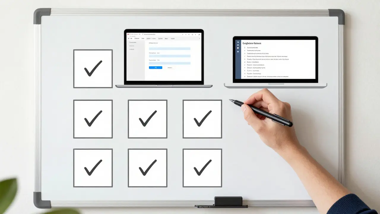 Whiteboard breaking down a login system into simple steps with passing tests visible.