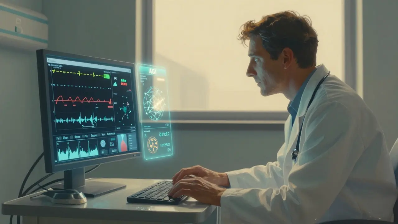 A doctor reviewing a patient's health data through an AGI interface, with neural networks visualizing subtle health patterns.