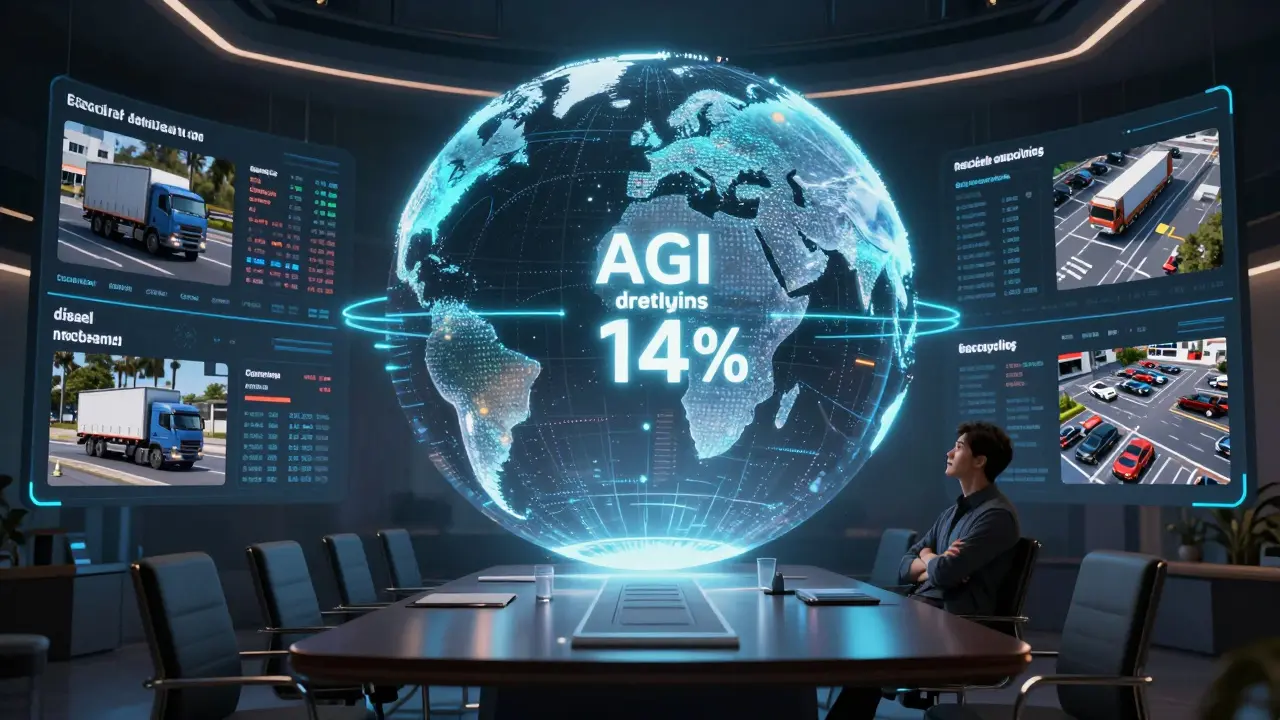 A global financial dashboard showing real-time data streams converging into a market prediction, lit by a glowing globe.