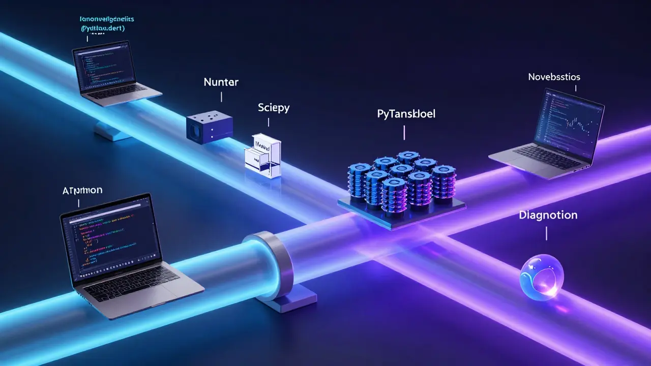A glowing pipeline showing Python code transforming into AI systems powering healthcare, autonomous vehicles, and recommendations.