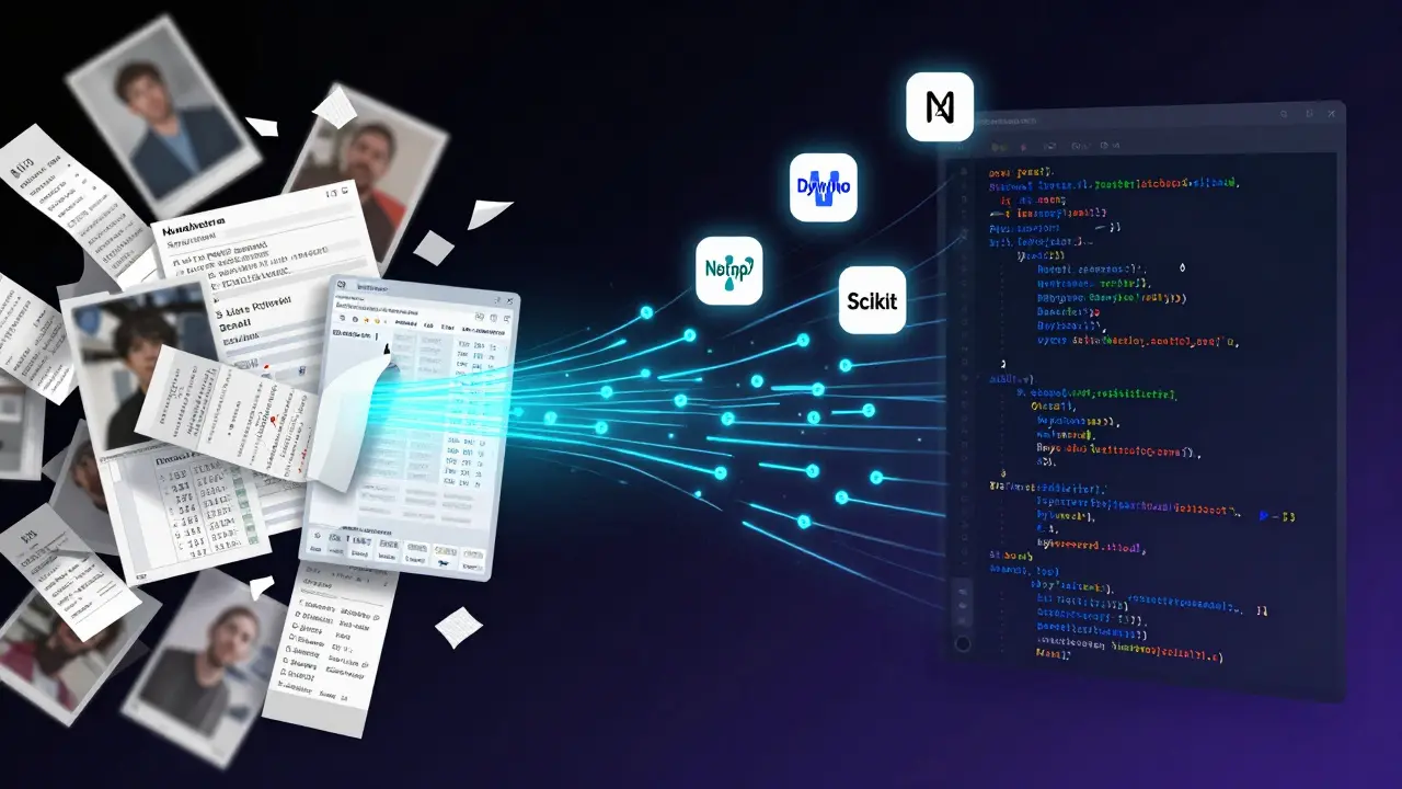 A split visual of messy data transforming into clean datasets using Python libraries like NumPy and Pandas.
