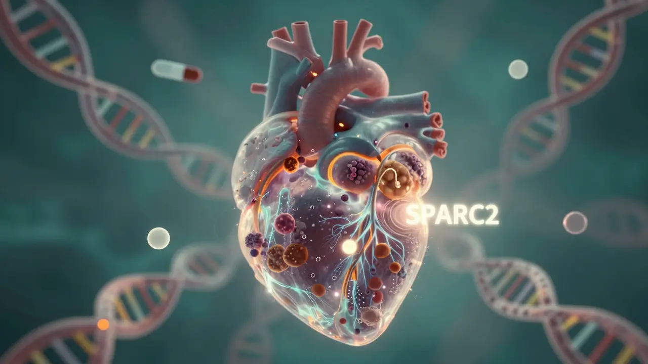 A transparent heart with pulsing genetic variants and a key gene SPARC2 clearing cholesterol.