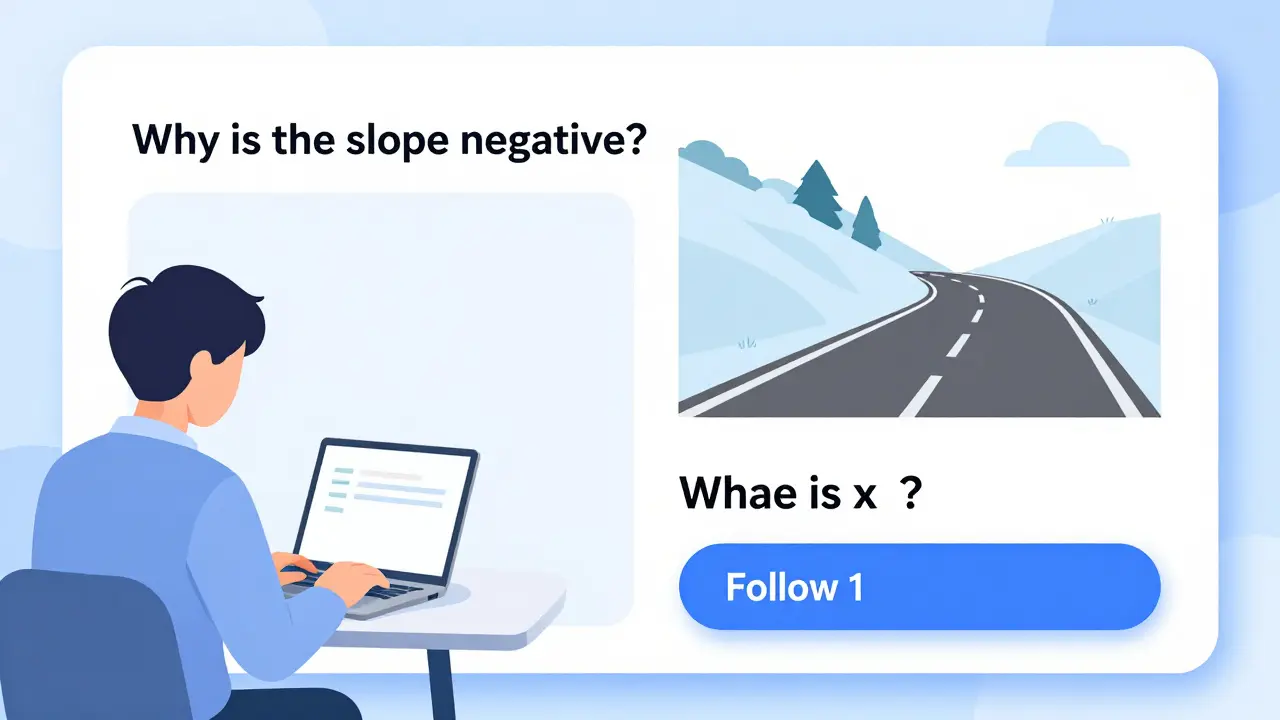 An AI tutor explaining a math concept with a diagram and quiz, helping a student understand slope.