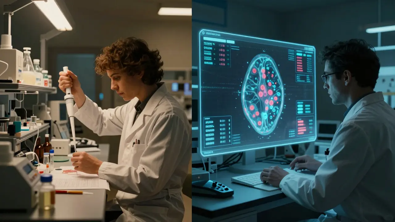 Contrasting 1990s genetic lab with modern AI-powered tumor genome analysis in a hospital.