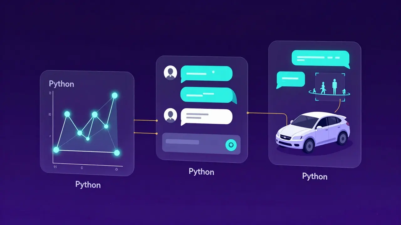 Three AI applications—recommendation engine, chatbot, and self-driving car—connected by glowing lines labeled 'Python'.