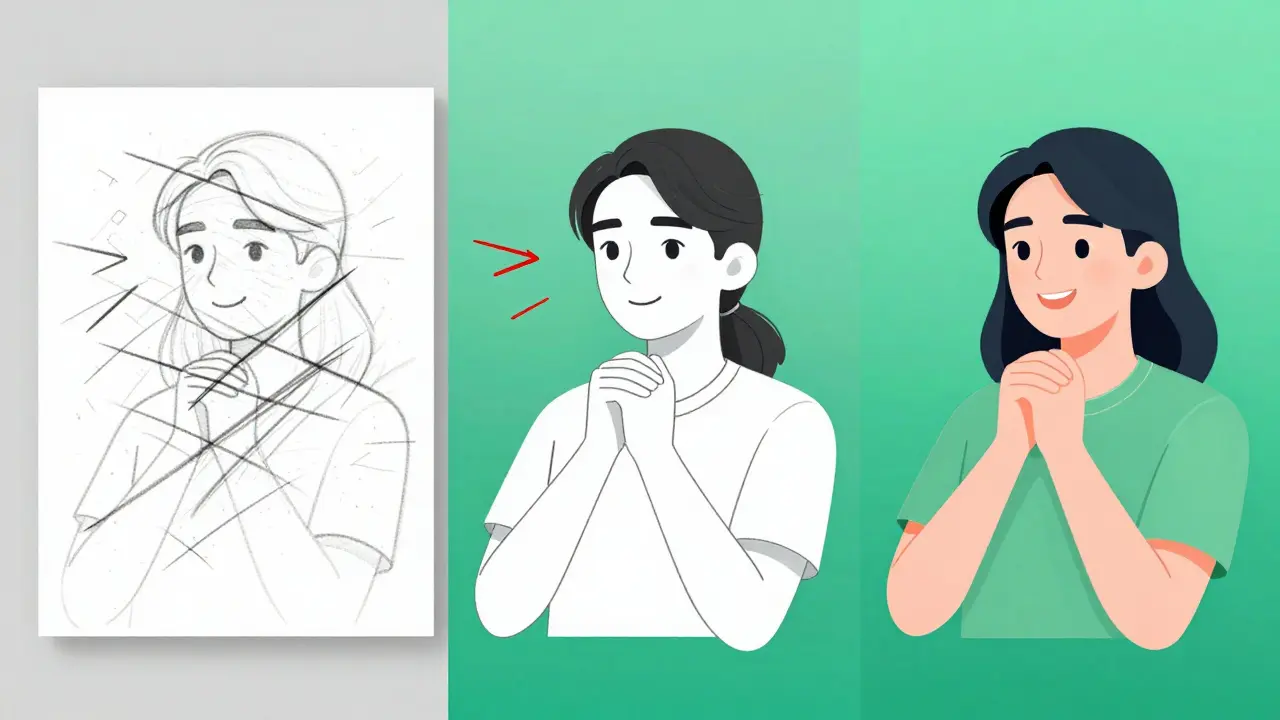 Three-stage visual of refining AI output from messy draft to clear text.