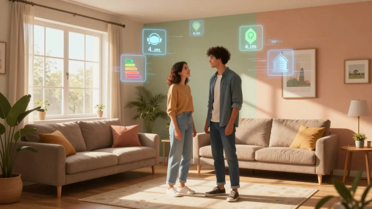 A couple experiencing an interactive virtual home tour where wall colors and lighting change dynamically around them.