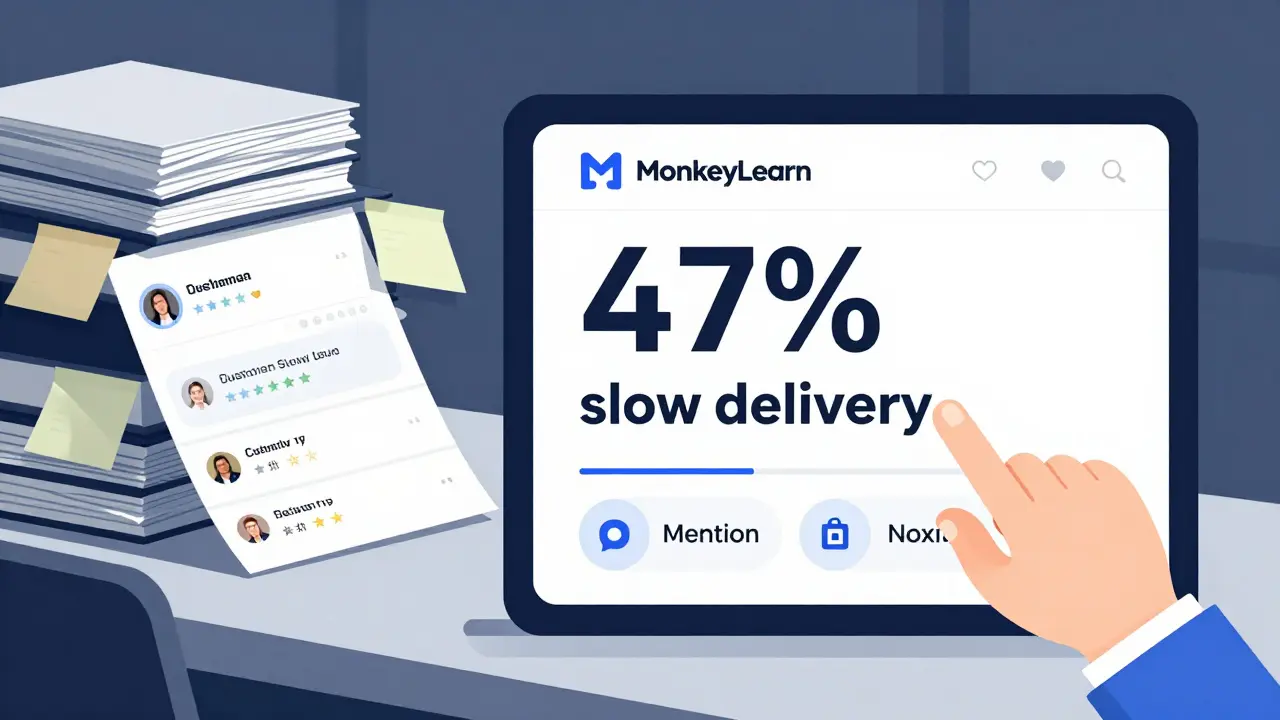 A digital interface highlights customer feedback insights while paper reviews lie scattered nearby.