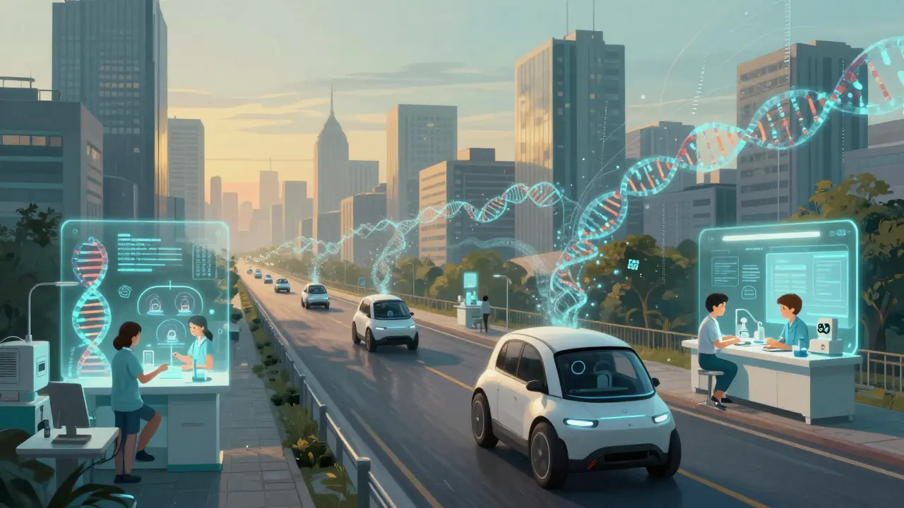 A futuristic city where autonomous systems and humans coexist in seamless harmony at dawn.