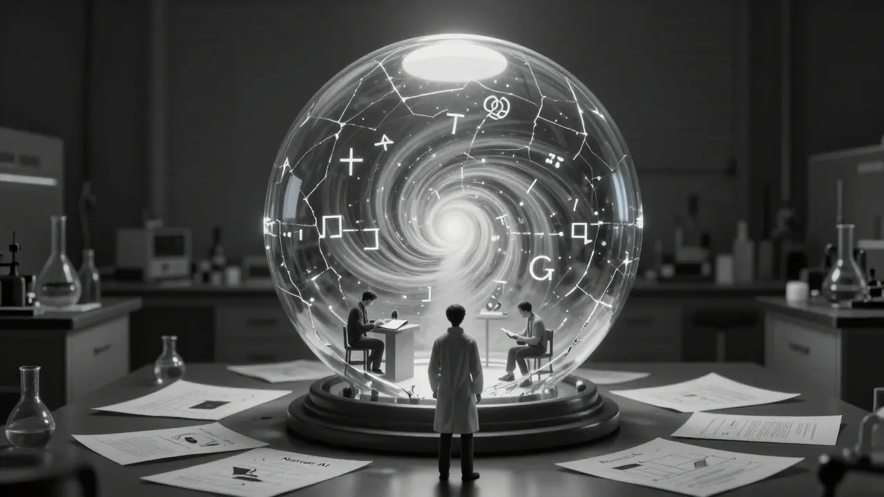 A scientist faces a cracked sphere containing swirling light, symbolizing the transition from narrow AI to AGI.