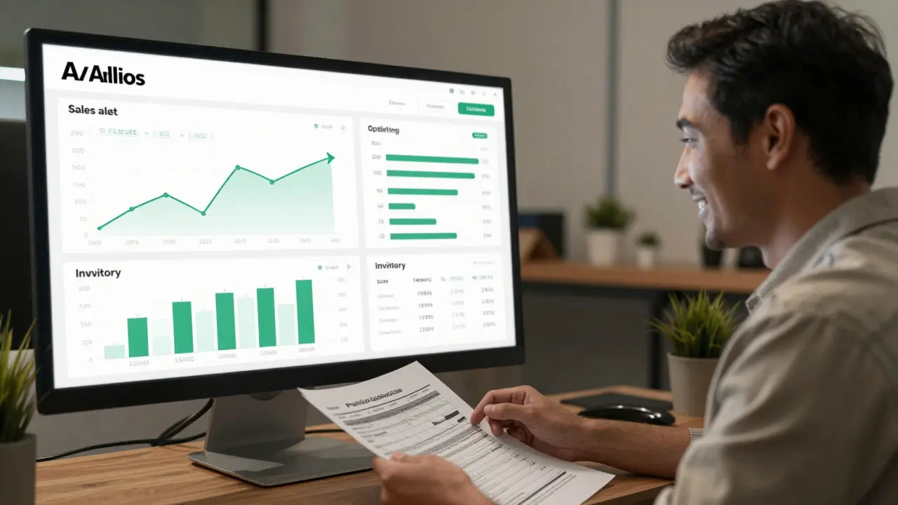 A small business owner reviews an AI-generated inventory forecast on a digital dashboard.