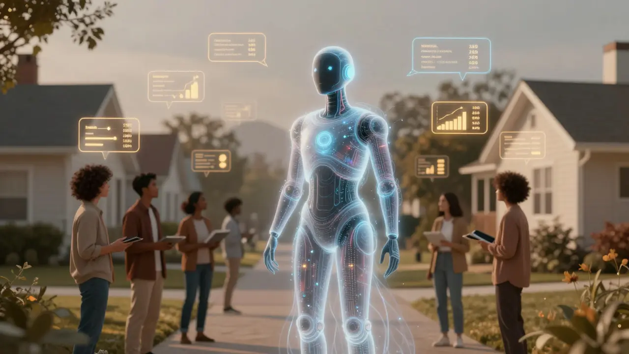 An ethereal AI figure made of data streams guiding diverse homebuyers through a neighborhood with floating analytics.