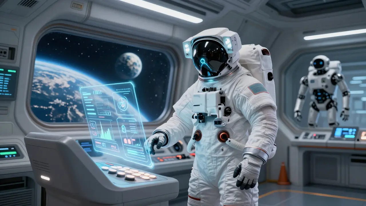 Astronaut using holographic interface in space habitat module