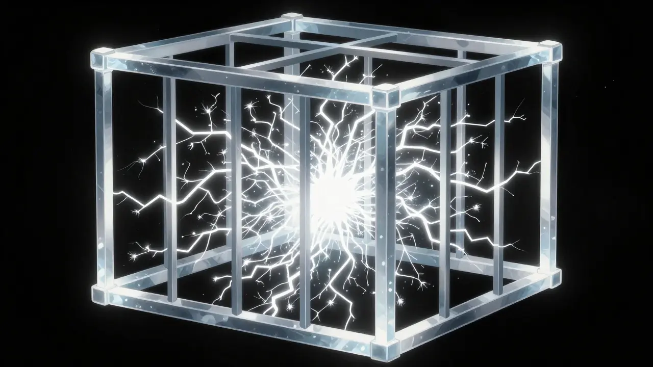 Chaotic energy sparks contained inside a translucent geometric crystal cage.