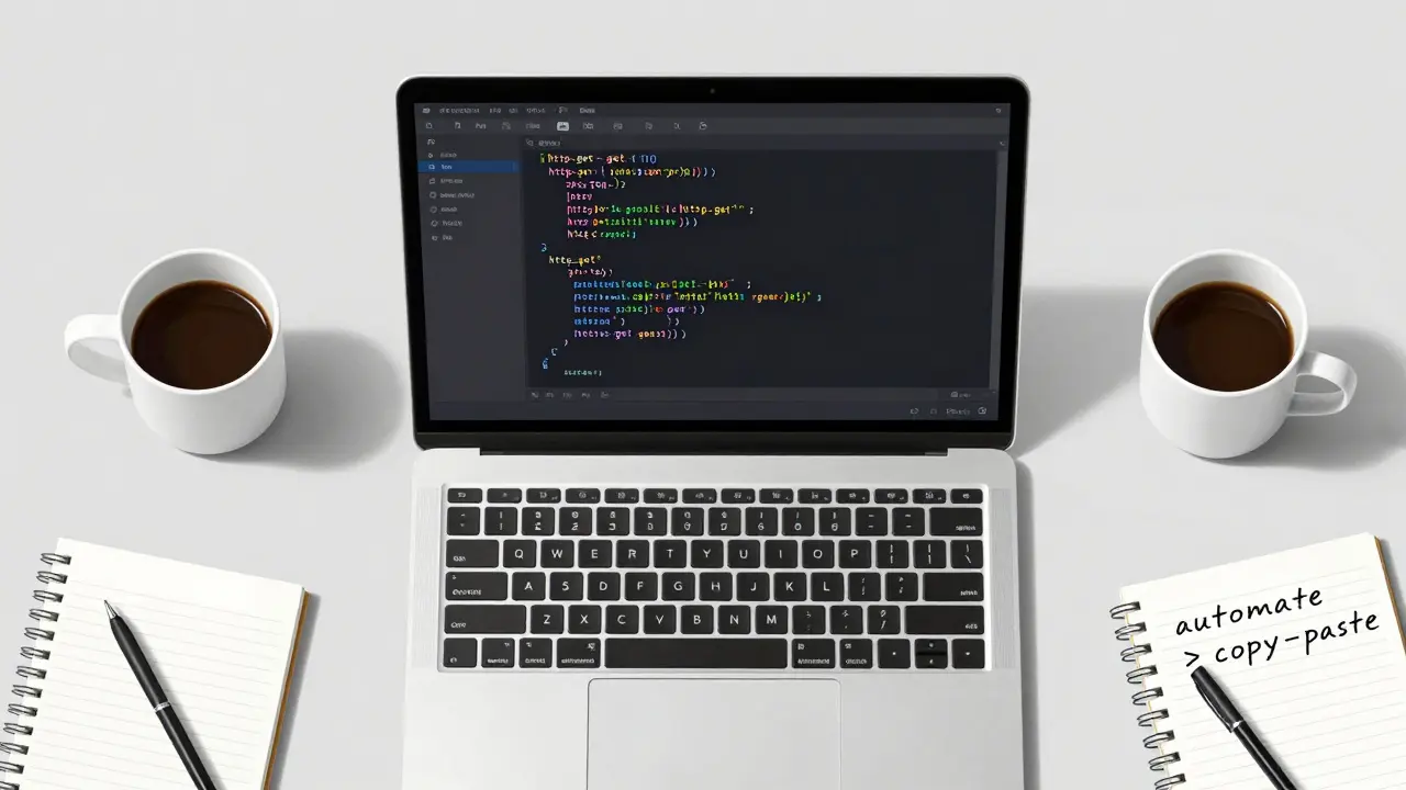 Code snippet being inserted via editor shortcut with clean workspace around laptop