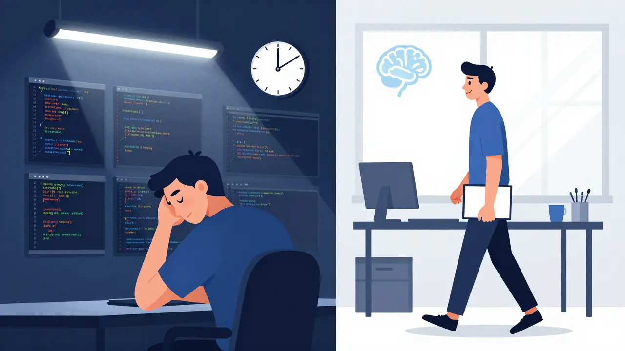 Developer stressed over code vs. relaxed after stepping away, symbolic brain insight