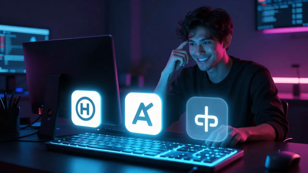 Digital tools like Copilot and grep floating above a keyboard, replacing a distracted coder with a focused one.