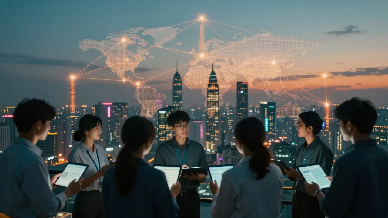 Glowing network lines connecting city towers with engineers below.