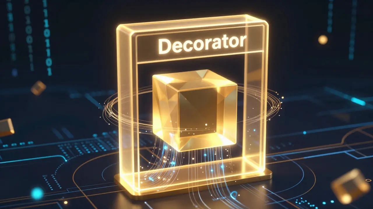 A conceptual 3D illustration of a golden frame wrapping around a crystal cube to represent a decorator.
