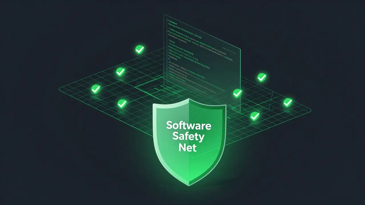 A glowing green digital shield protecting a codebase with green checkmarks.