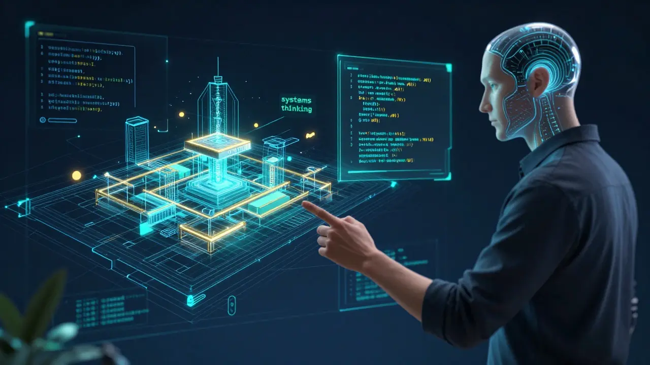 A human architect and an AI entity collaborating on a complex digital system blueprint.