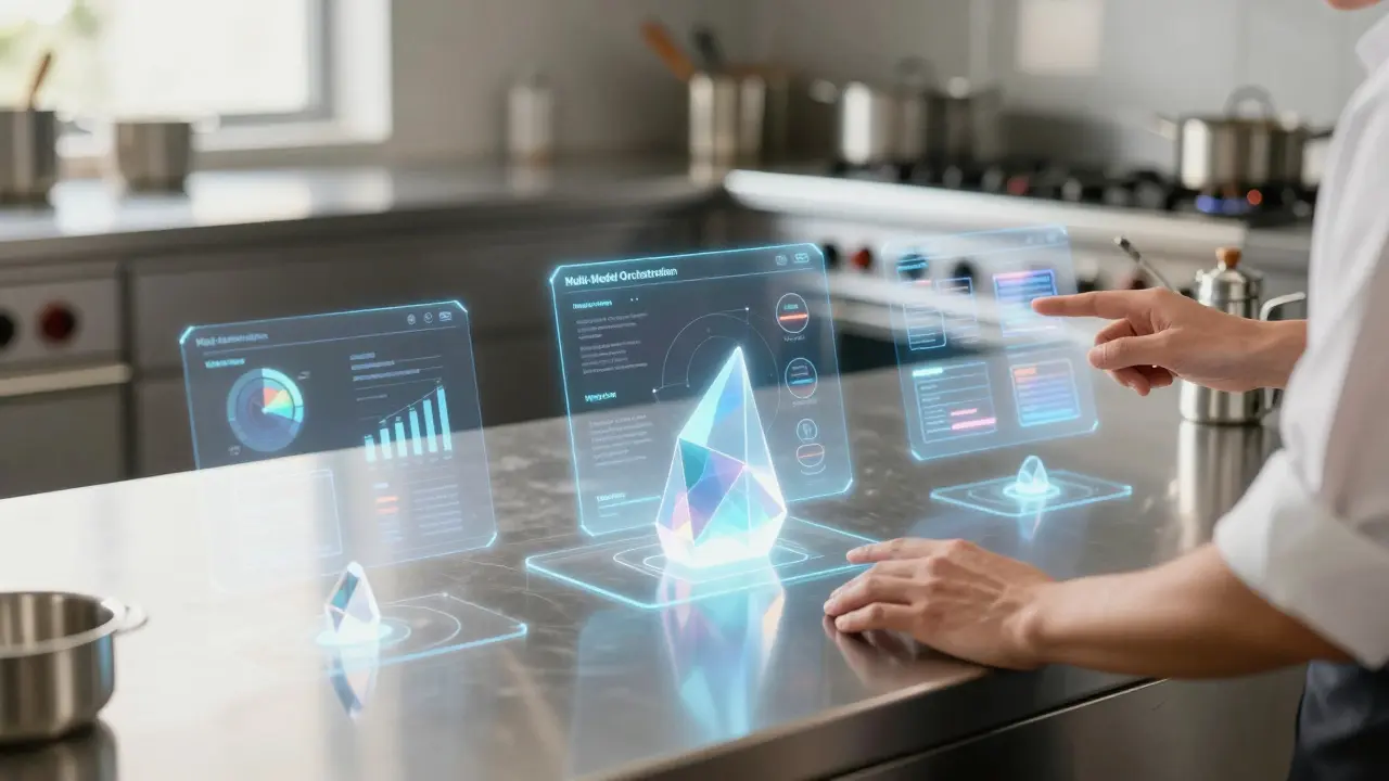 A professional kitchen setting with holographic AI interfaces being directed by a human