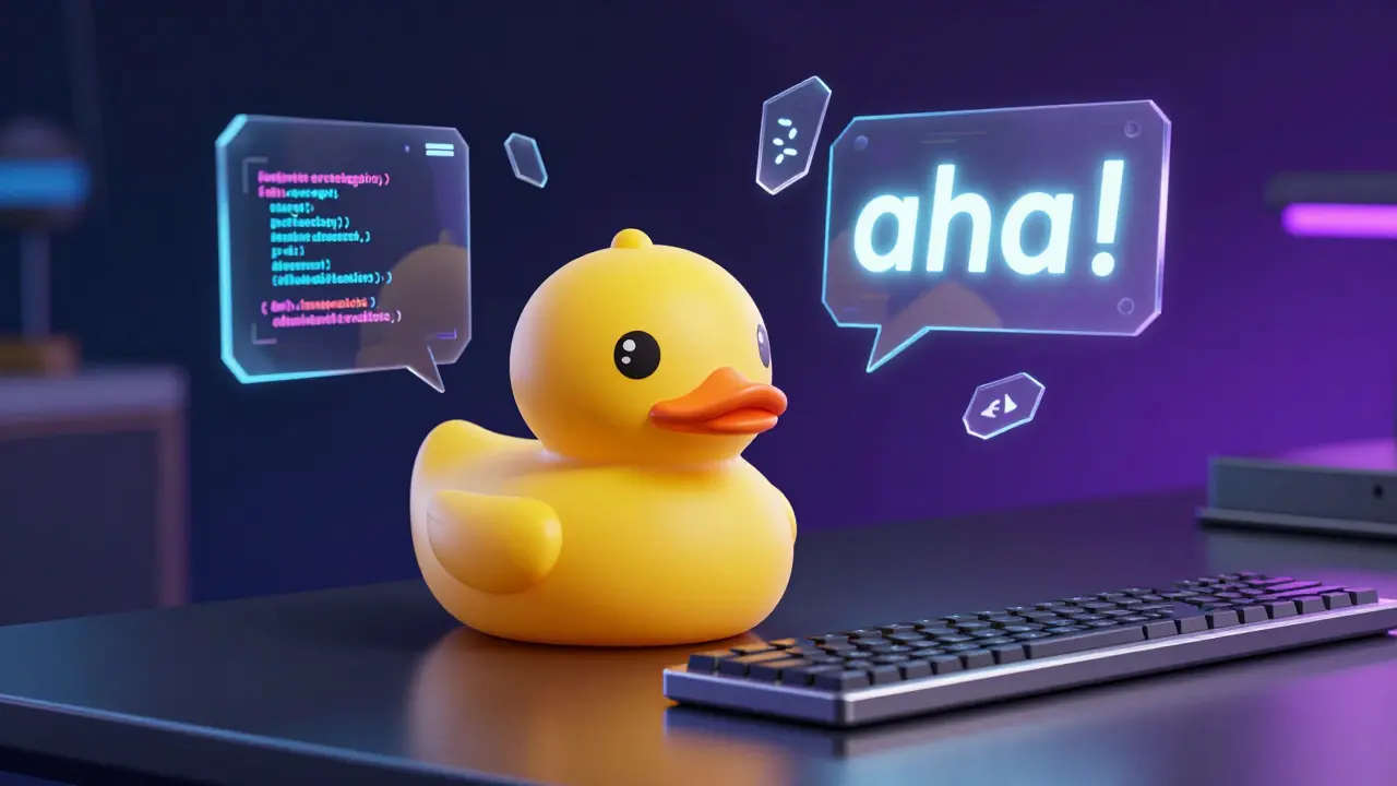 A yellow rubber duck on a desk surrounded by holographic code elements.
