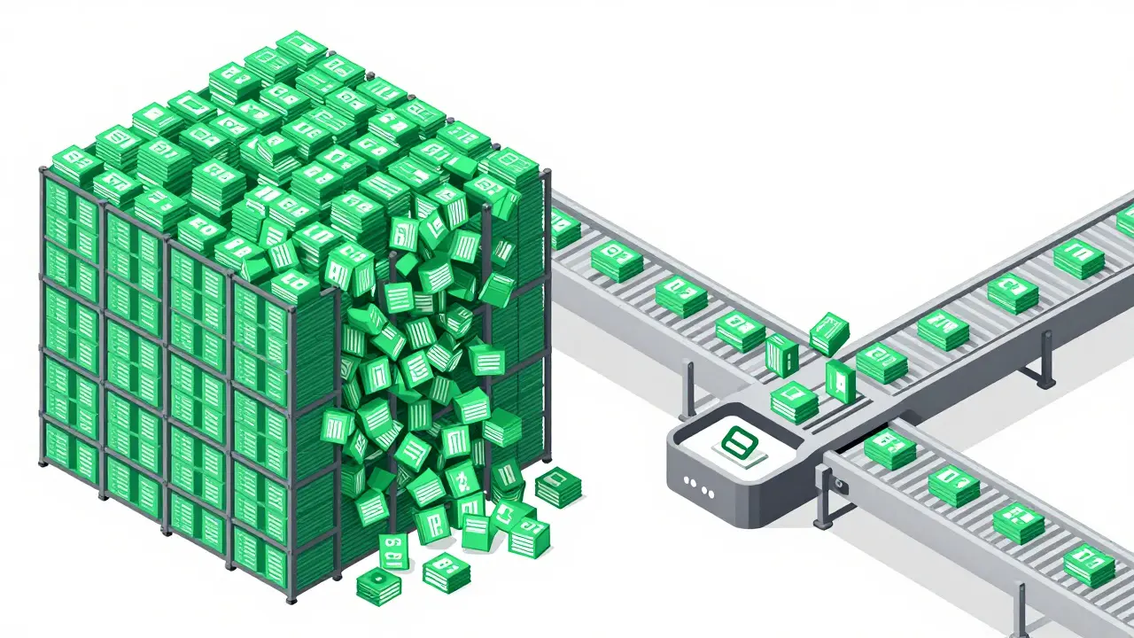 An isometric digital art piece comparing a bloated data warehouse with an efficient data conveyor belt.