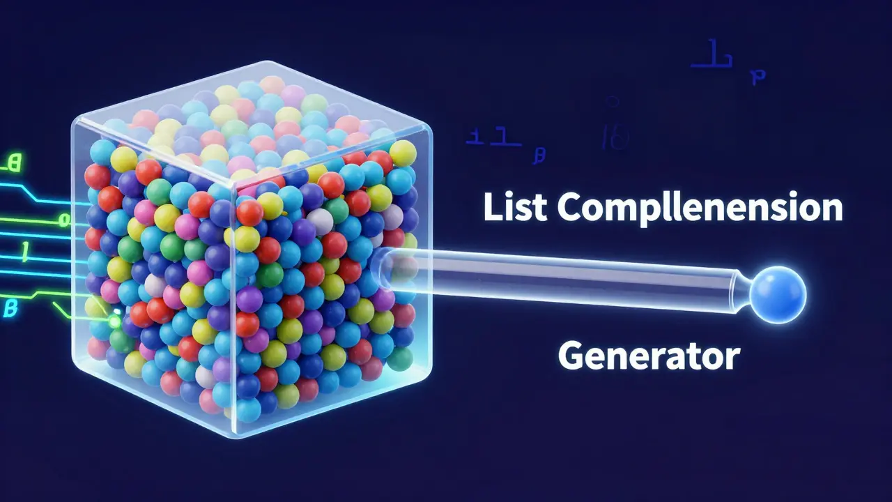 Conceptual 3D art comparing high memory list storage versus a low-memory generator pipeline.