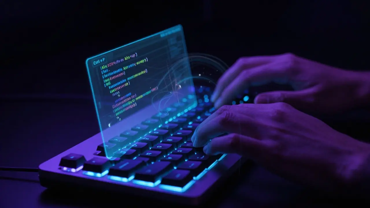 Hands on a mechanical keyboard with holographic coding shortcuts representing a flow state.