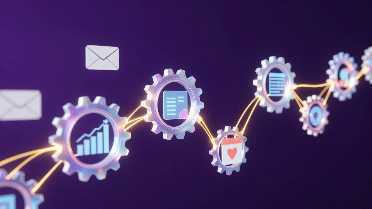 Interconnected glowing nodes and gears representing an automated AI workflow