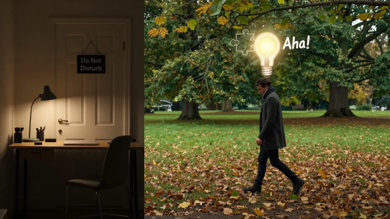 Split view of a quiet focused office and a person walking in a park having a breakthrough idea.
