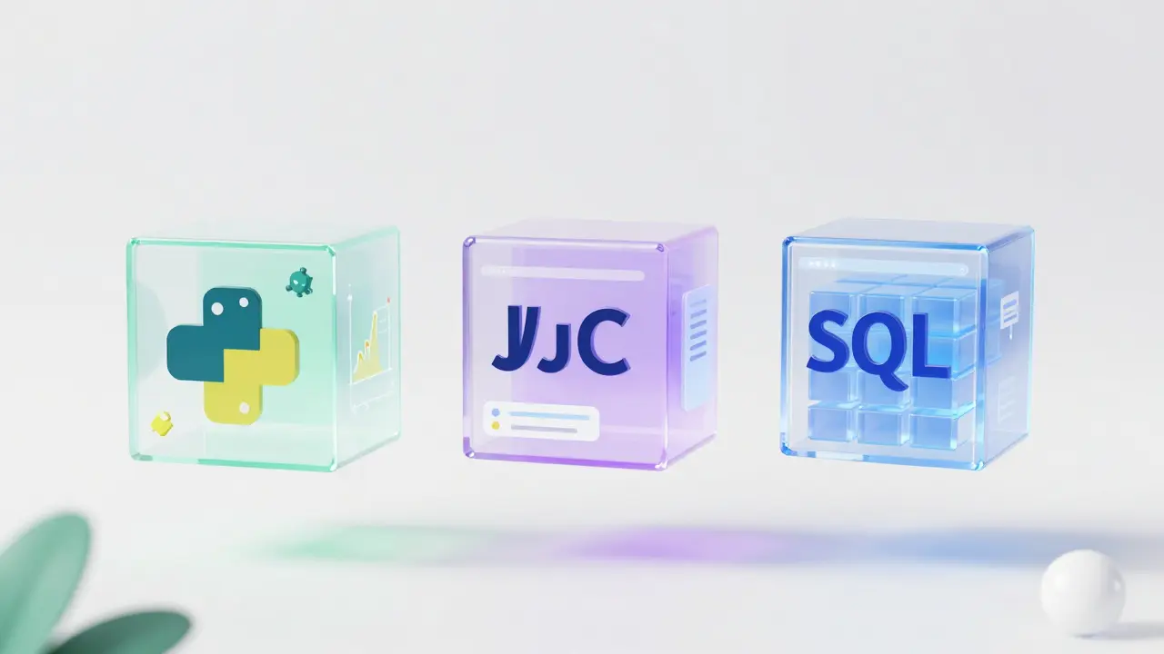 Three glowing 3D cubes representing Python, JavaScript, and SQL programming tools.
