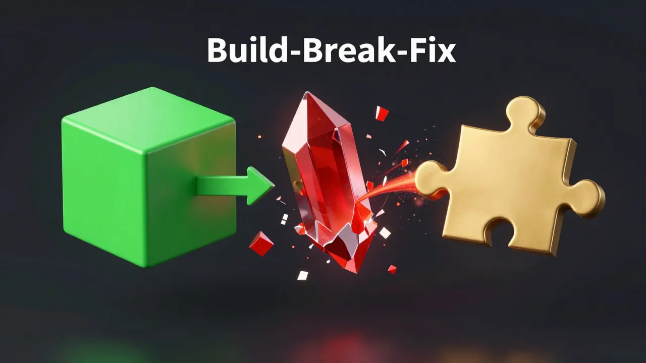 Abstract 3D art showing build, break, and fix cycle with geometric shapes
