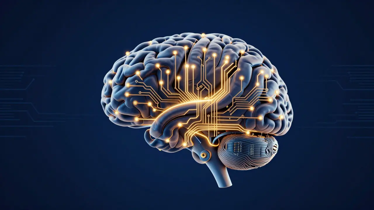 Abstract digital brain made of fiber optics showing dynamic data flow