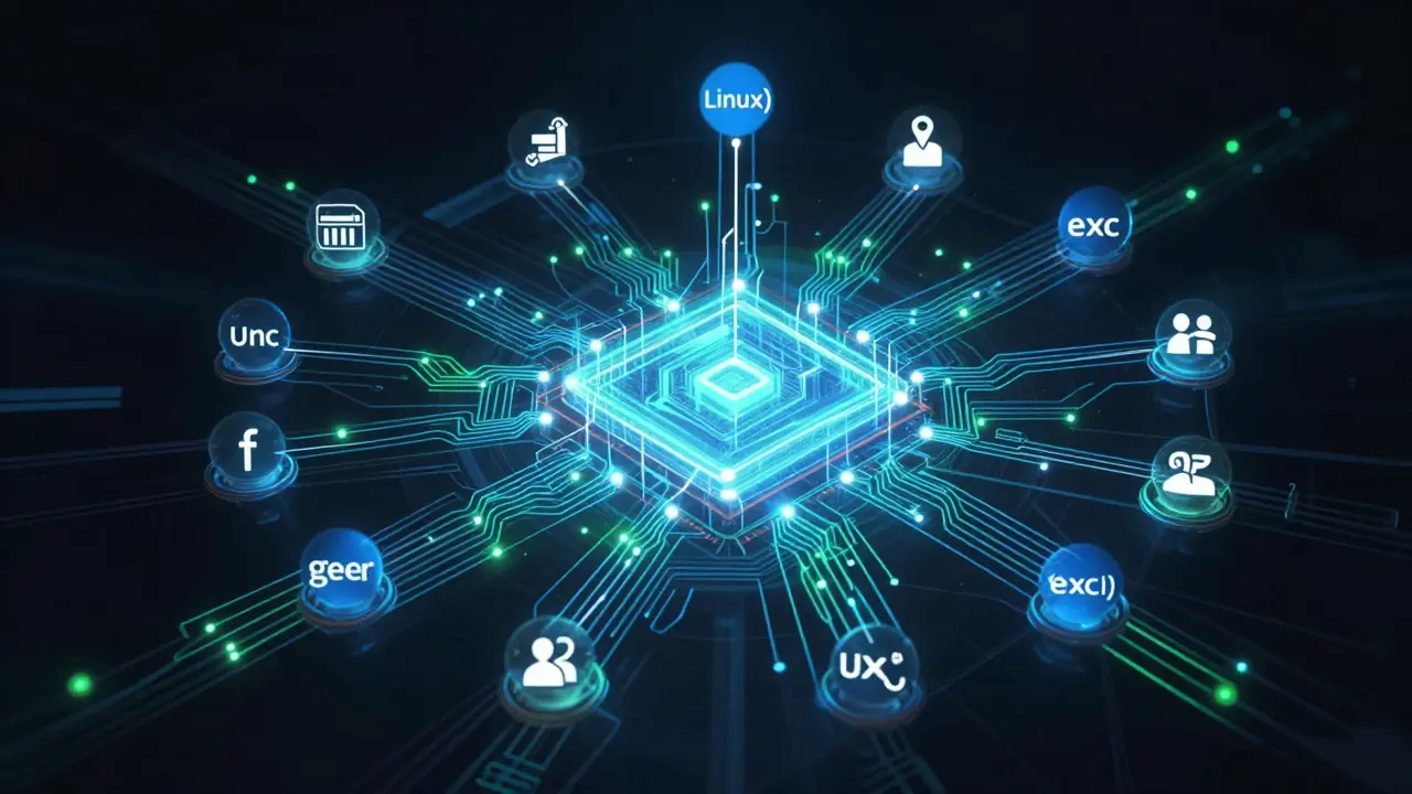 Abstract visualization of Linux system architecture and interconnected nodes.