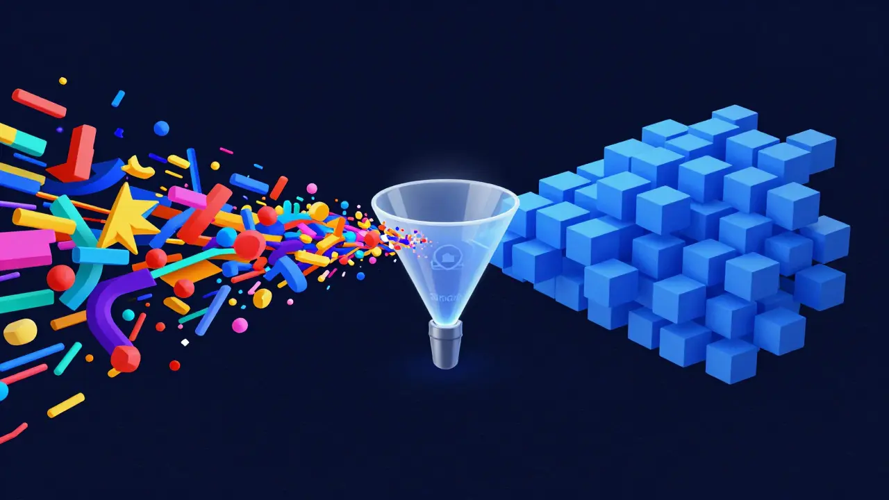 Abstract visualization of raw data transforming into structured cubes