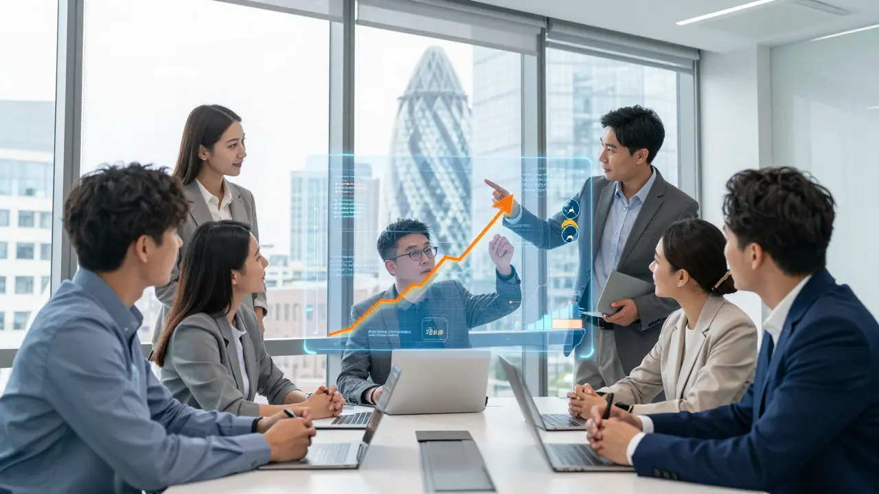 Business team analyzing holographic growth charts in a bright modern office
