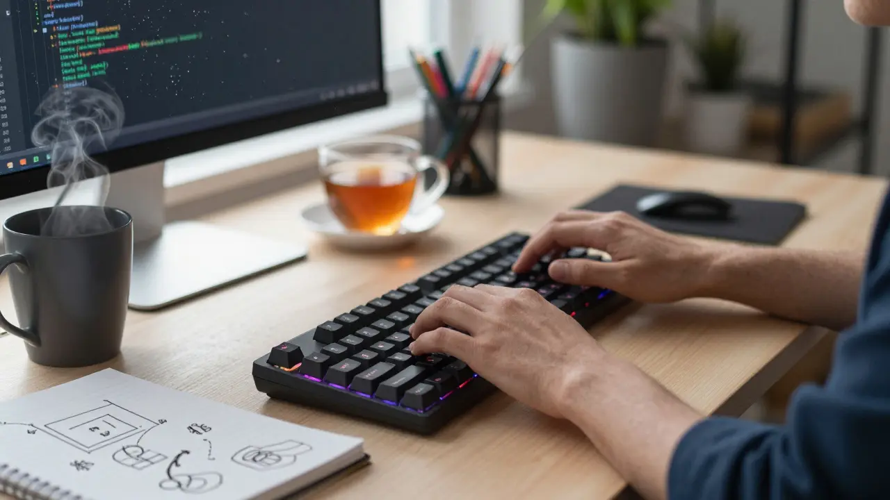 Close-up of hands typing on keyboard with tea and notebook on desk