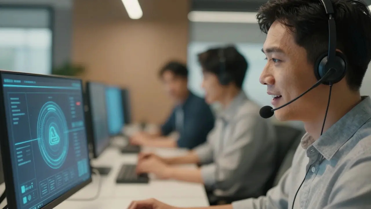 Customer support agent empowered by subtle AI assistance in a modern office
