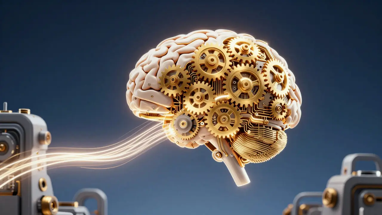 Golden brain gears connecting to a stream of light, symbolizing automation.