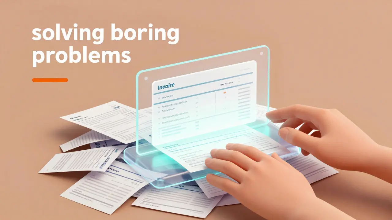 Illustration of invoices turning into organized digital blocks via AI automation