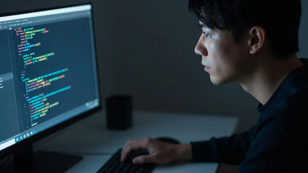 Person concentrating intensely under the blue glow of a coding screen.