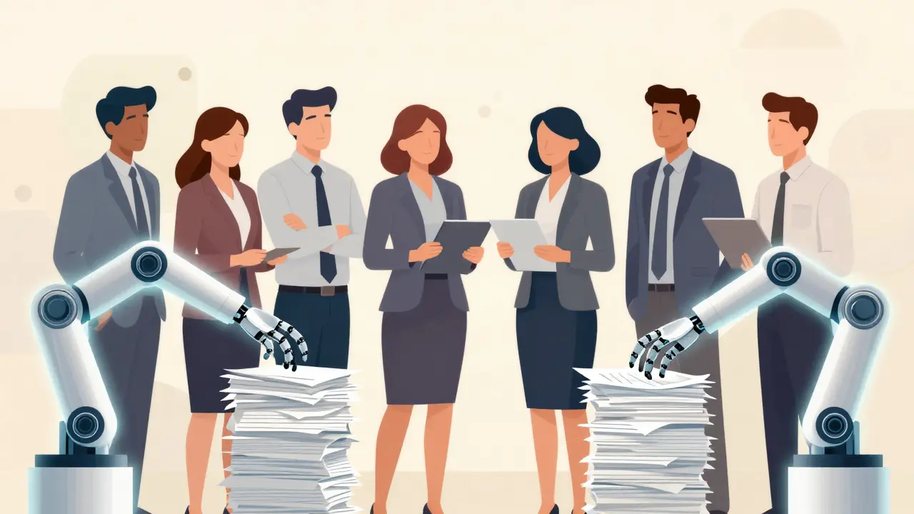 Robotic arms handling paperwork while human employees collaborate strategically