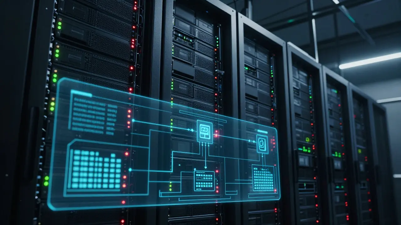 Server room with overlays showing efficient data processing and error handling.