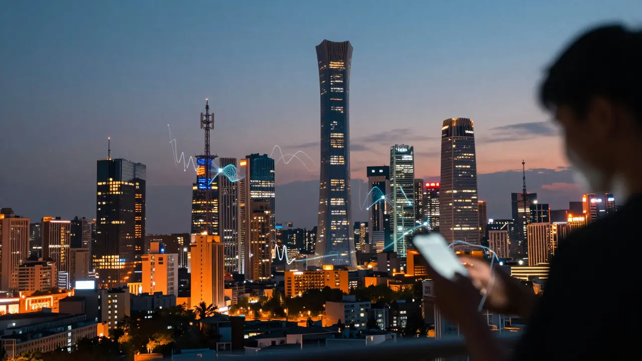 Smart city skyline at dusk with invisible 5G connections between devices