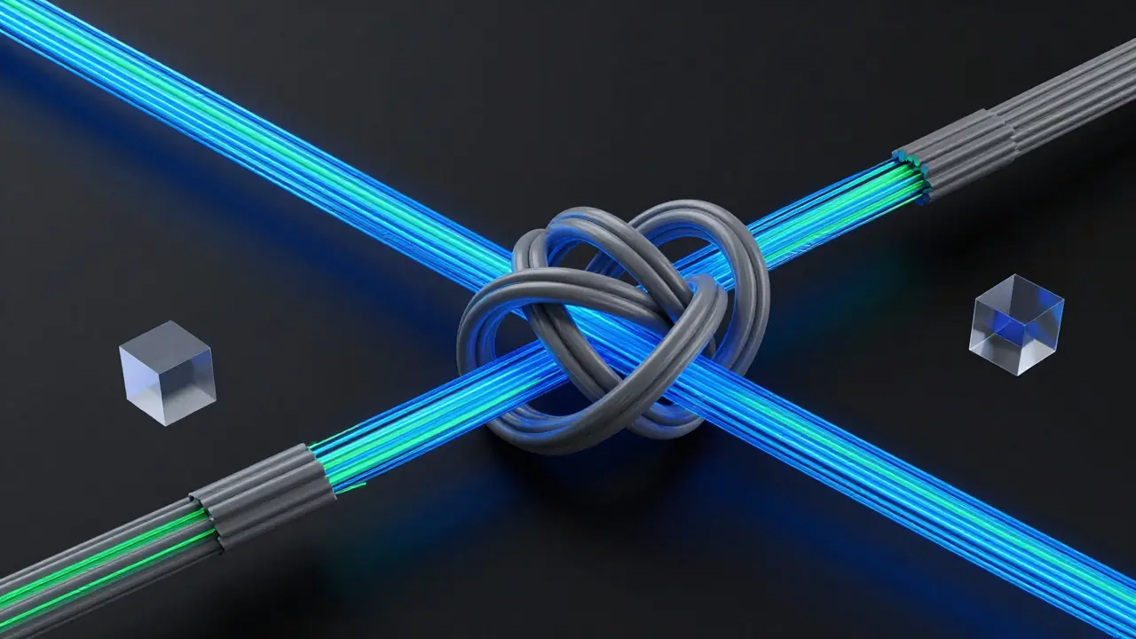 Tangled grey wires untangling into neat neon blue fiber optic cables